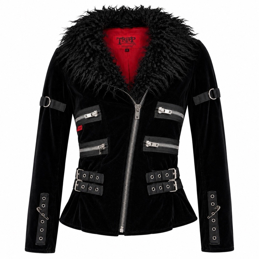 Vintage Tripp NYC Jacket Velvet Faux Fur Womens Small Black Bondage Goth Y2K